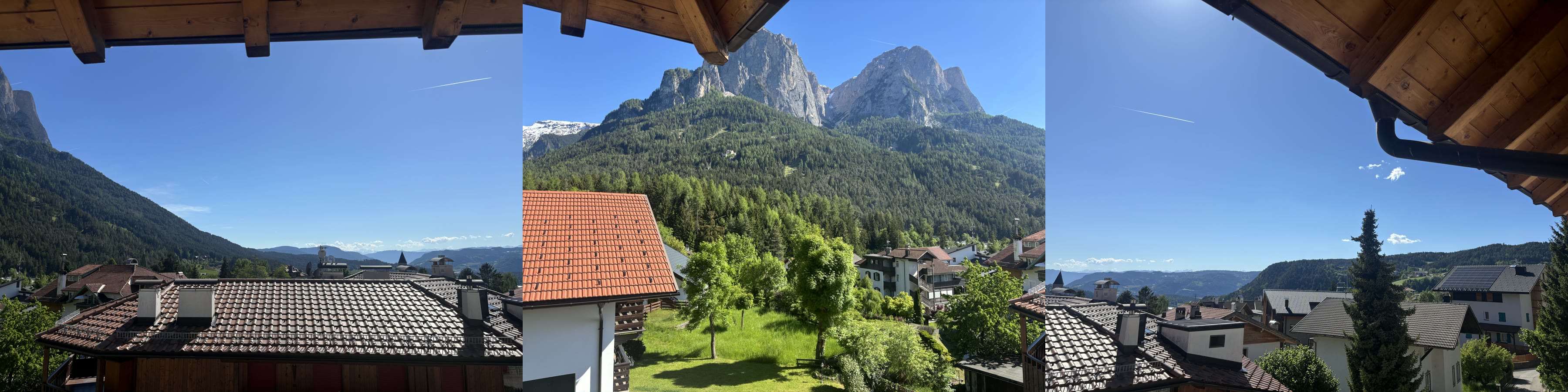 Combined panoramic balcony view over Seis, the Schlern and the Dolomites